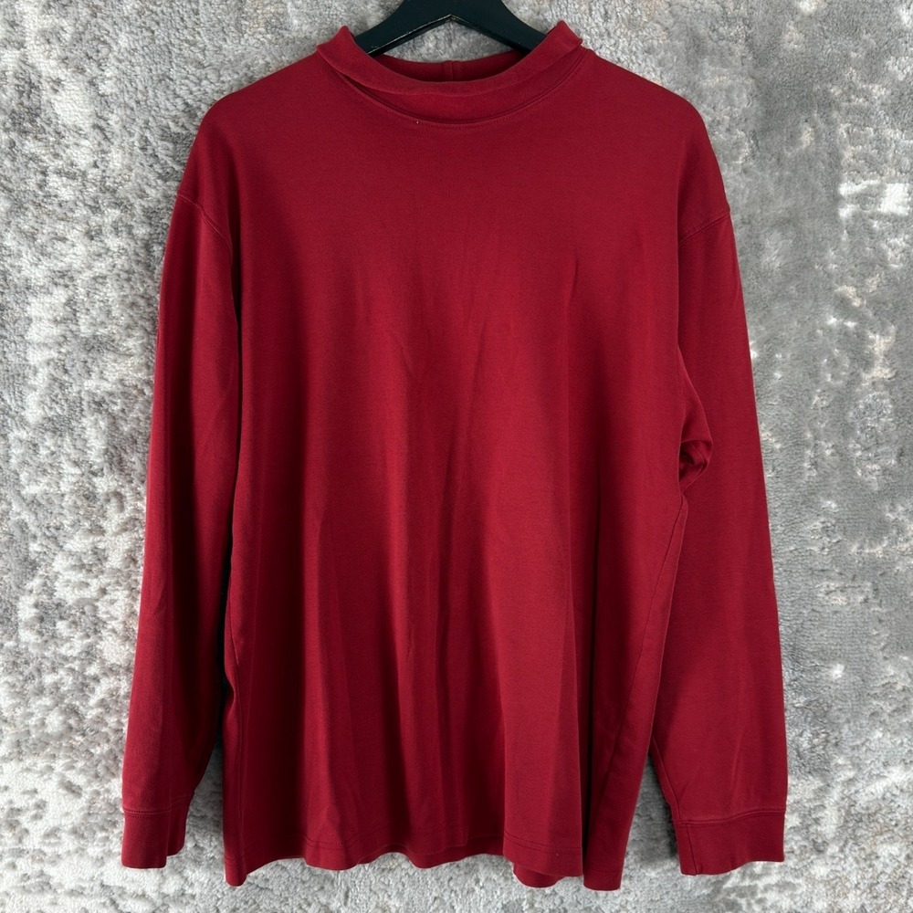 LL Bean Size L Mock Neck Minimalist T Shirt Red Long Sleeve Cotton Casual